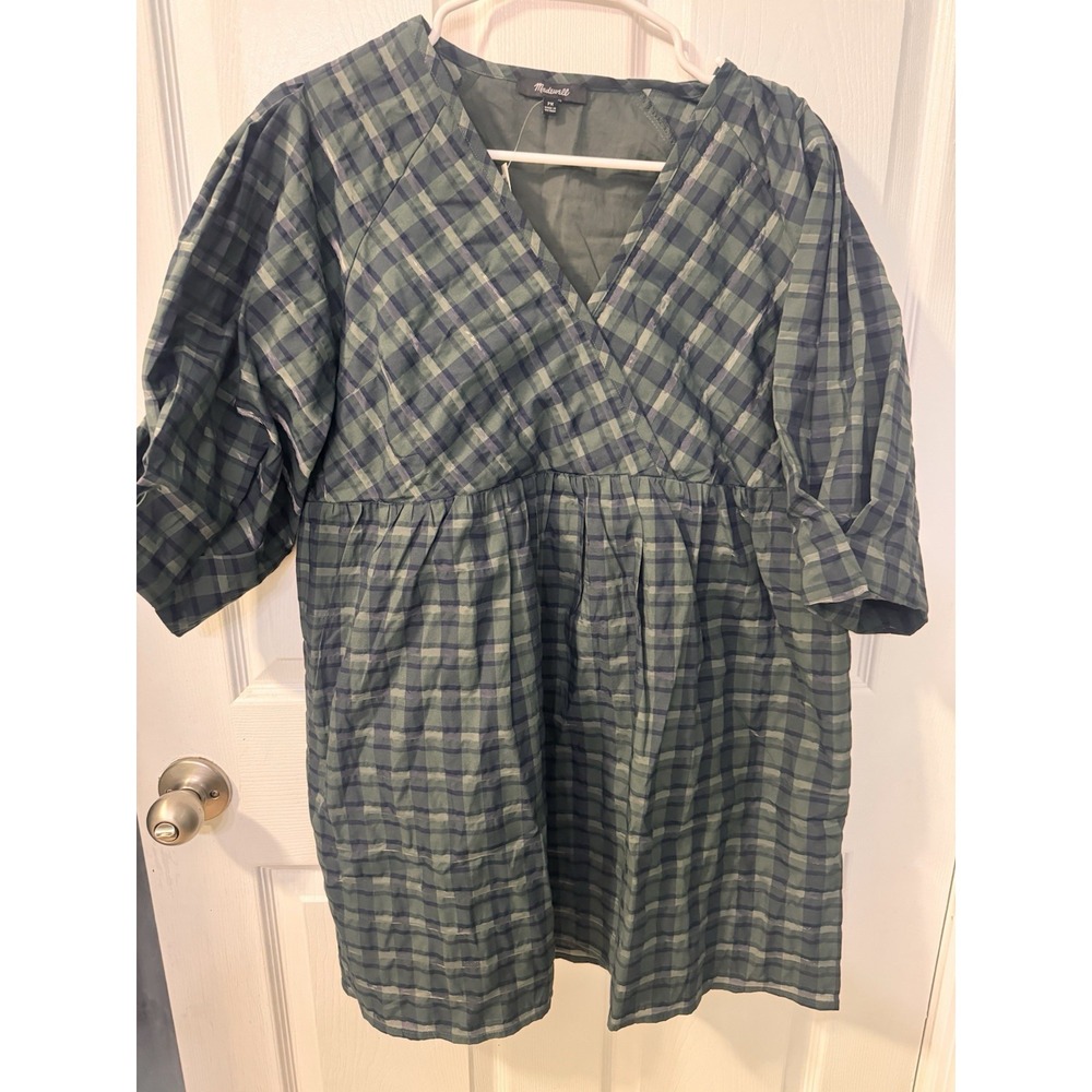 Madewell Marianna Plaid Dress Green Tartan Puff Sleeve Mini Grunge Academia PM